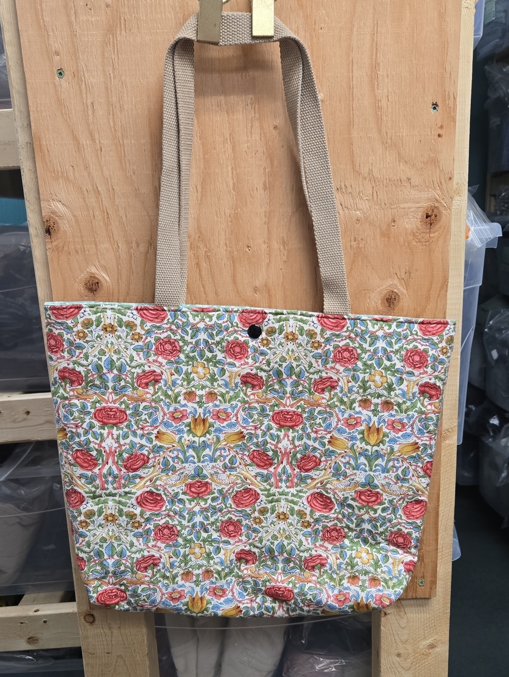Crafty & Posh Beige Floral Bird Print Quilted Handmade Shoulder Tote Bag